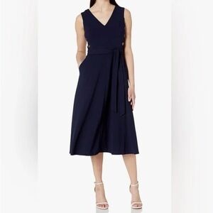 Calvin Klein Navy V-Neck Tie-Waist Midi Dress like new